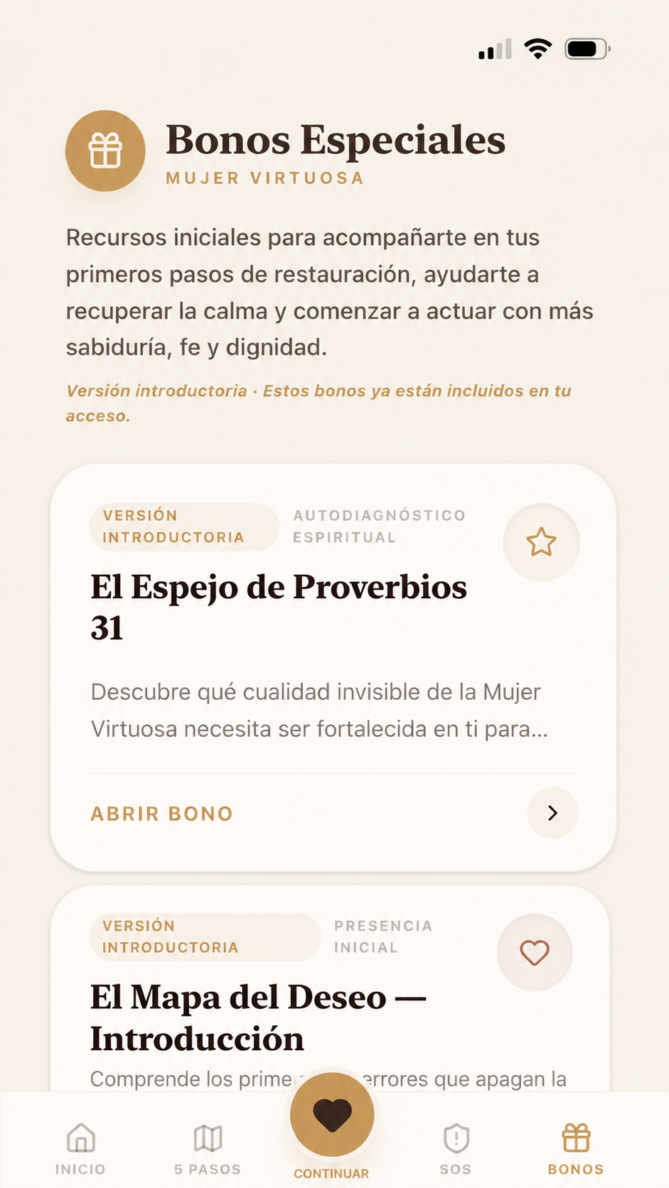 Pantalla Bonos Especiales del app