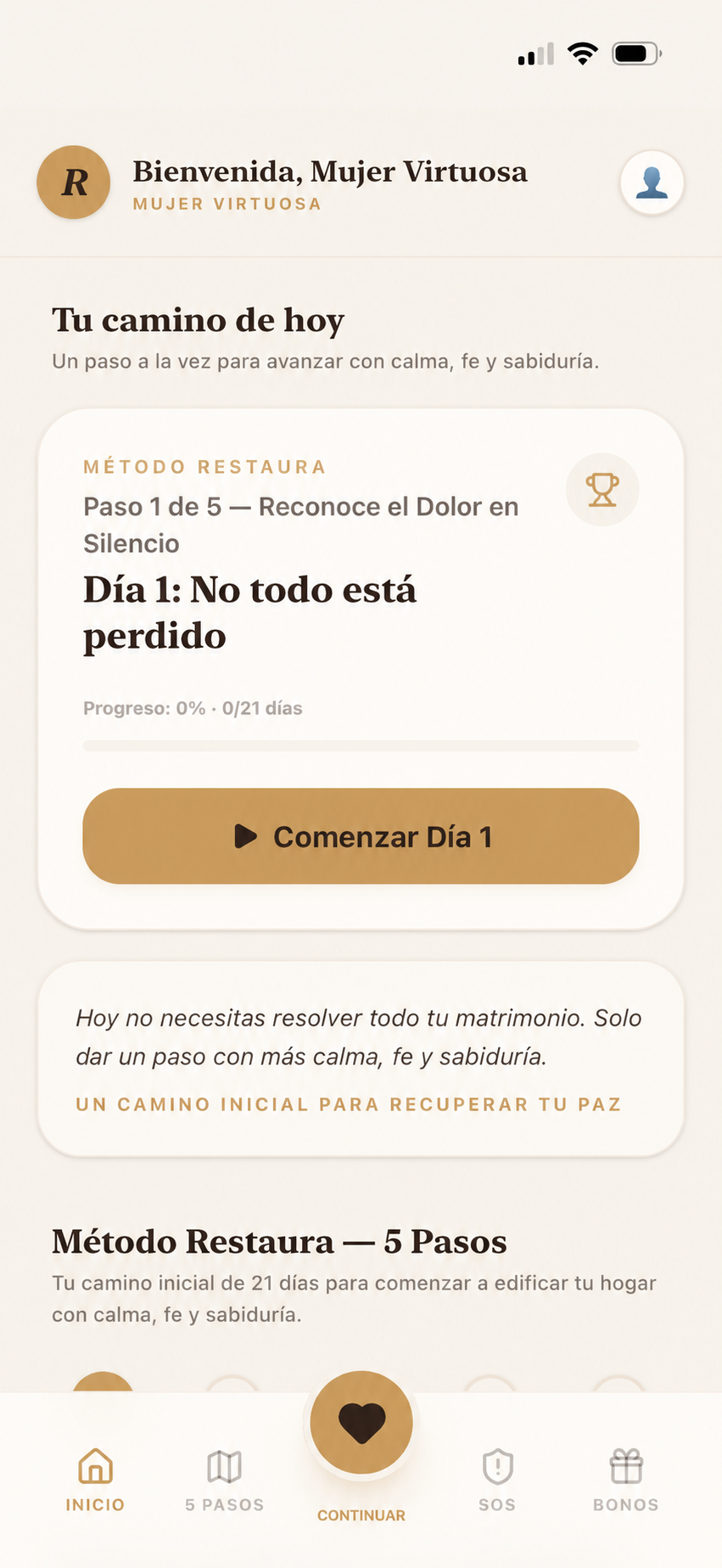 Pantalla Método Restaura — Día 1: No todo está perdido